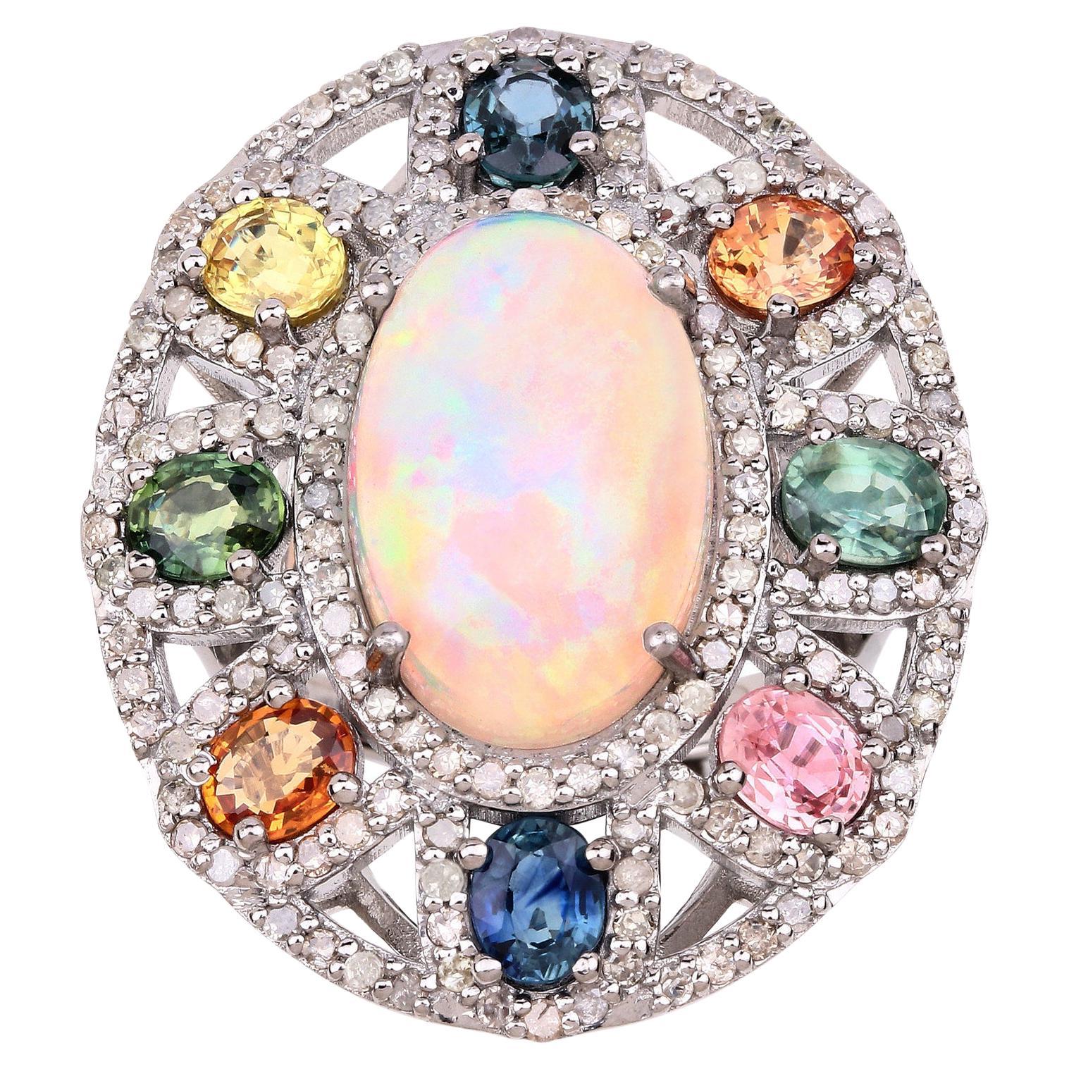 Mixed Cut Natural Opal Cocktail Ring Set With Multicolor Sapphires and Diamonds 11 Carats For Sale
