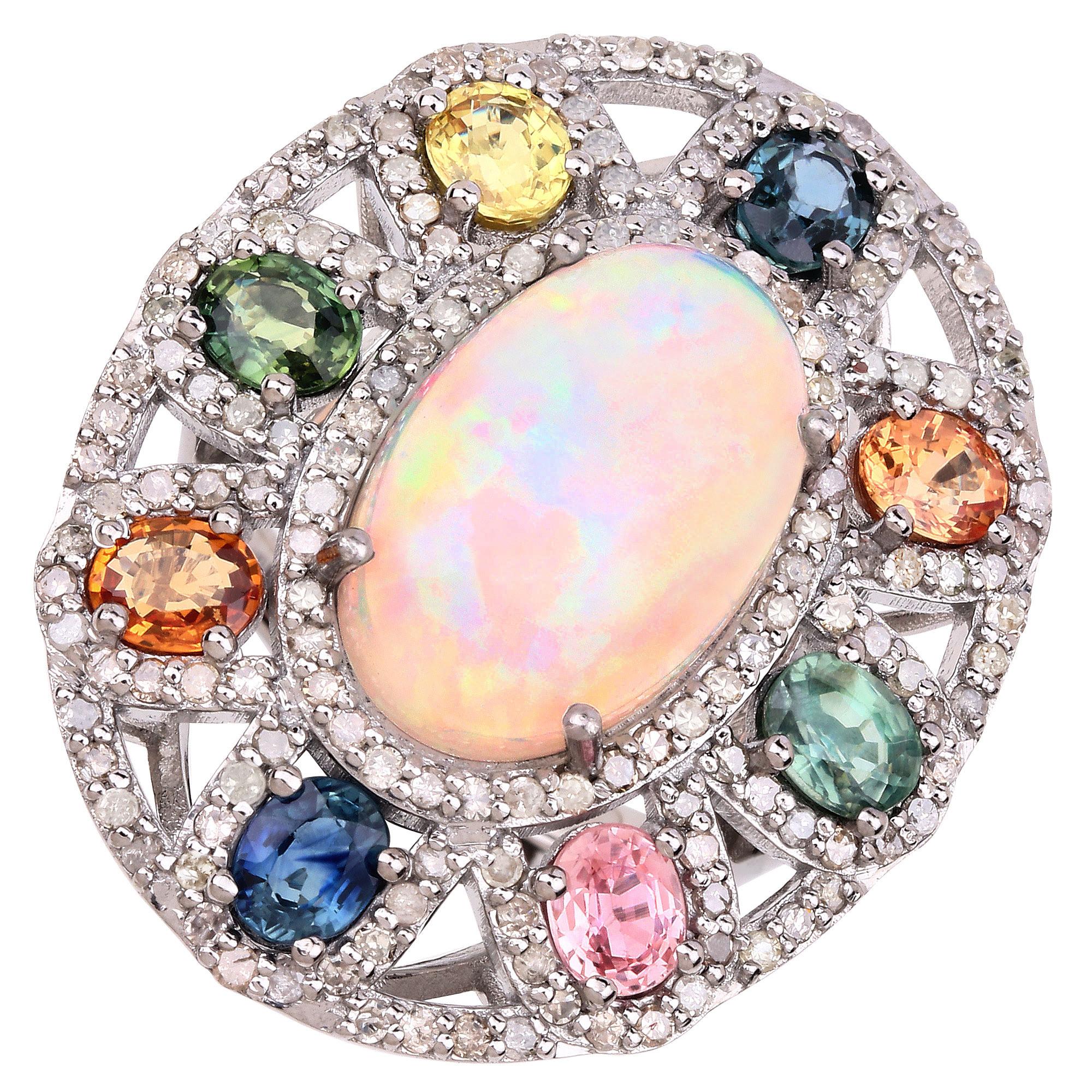 Natural Opal Cocktail Ring Set With Multicolor Sapphires and Diamonds 11 Carats In New Condition For Sale In Laguna Niguel, CA