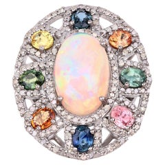 Natural Opal Cocktail Ring Set With Multicolor Sapphires and Diamonds 11 Carats