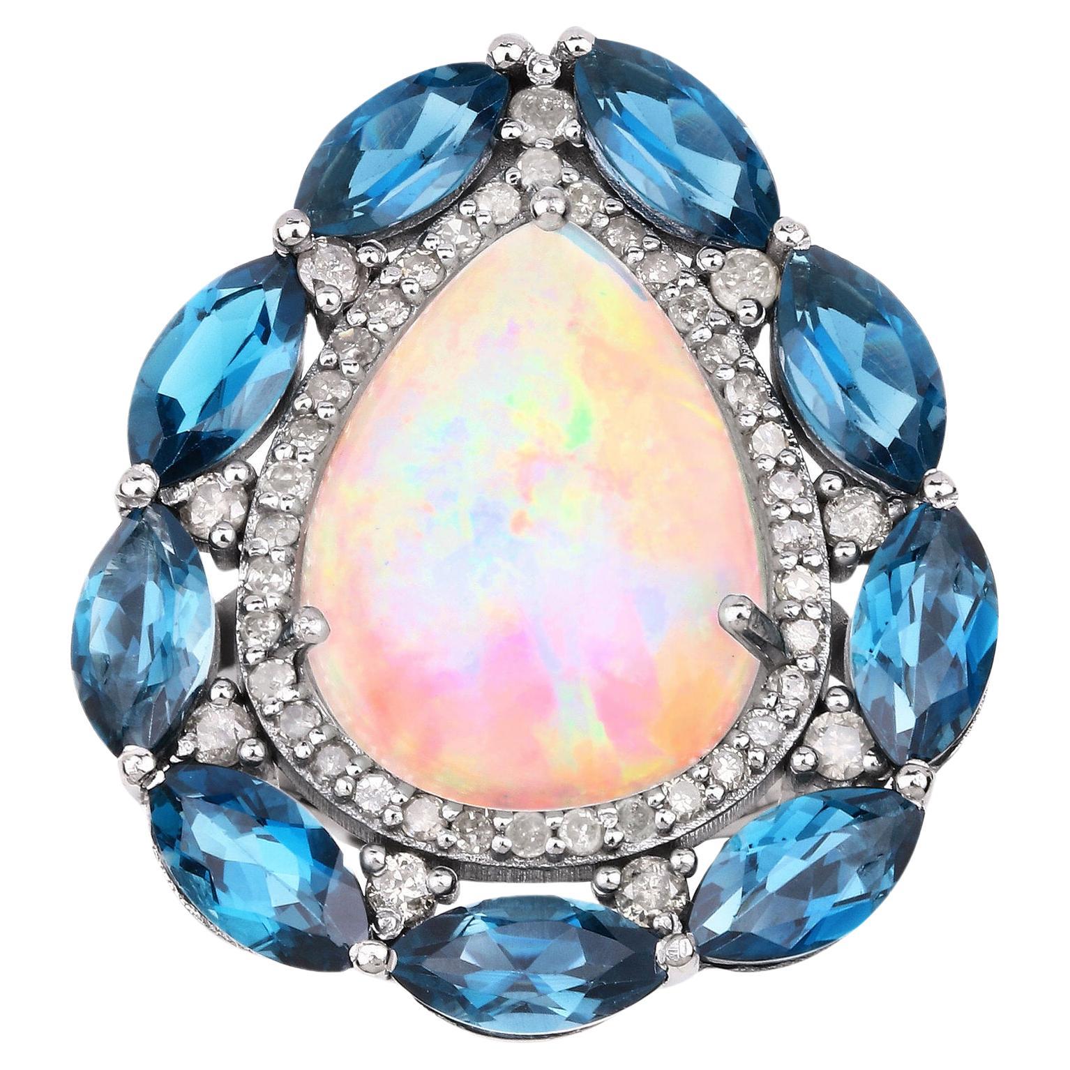 Natural Opal Cocktail Ring With London Blue Topaz and Diamond Halo 12.5 Carats