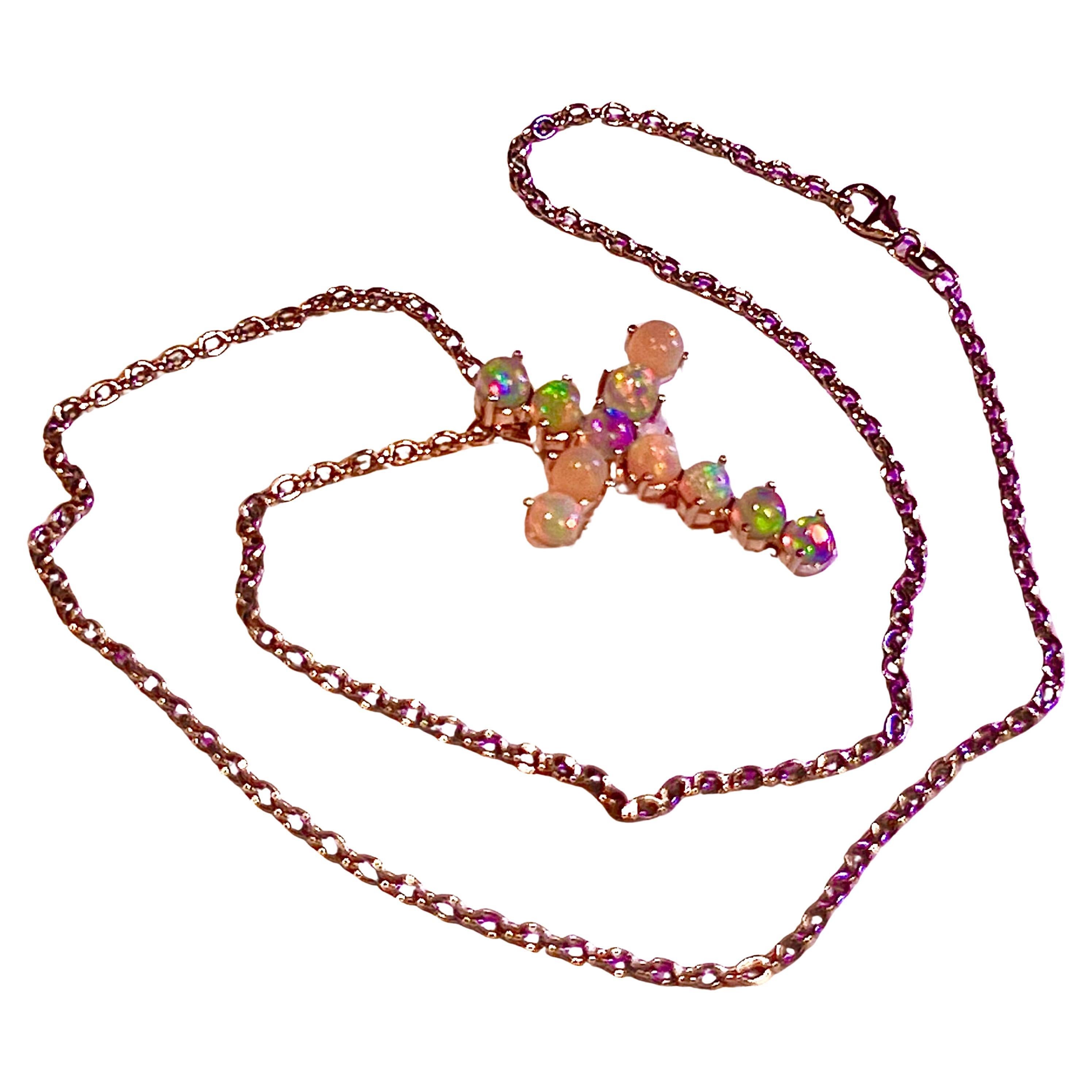 Natural Opal Cross Pendant Necklace 20" 14k WG 4.50 CT Certified