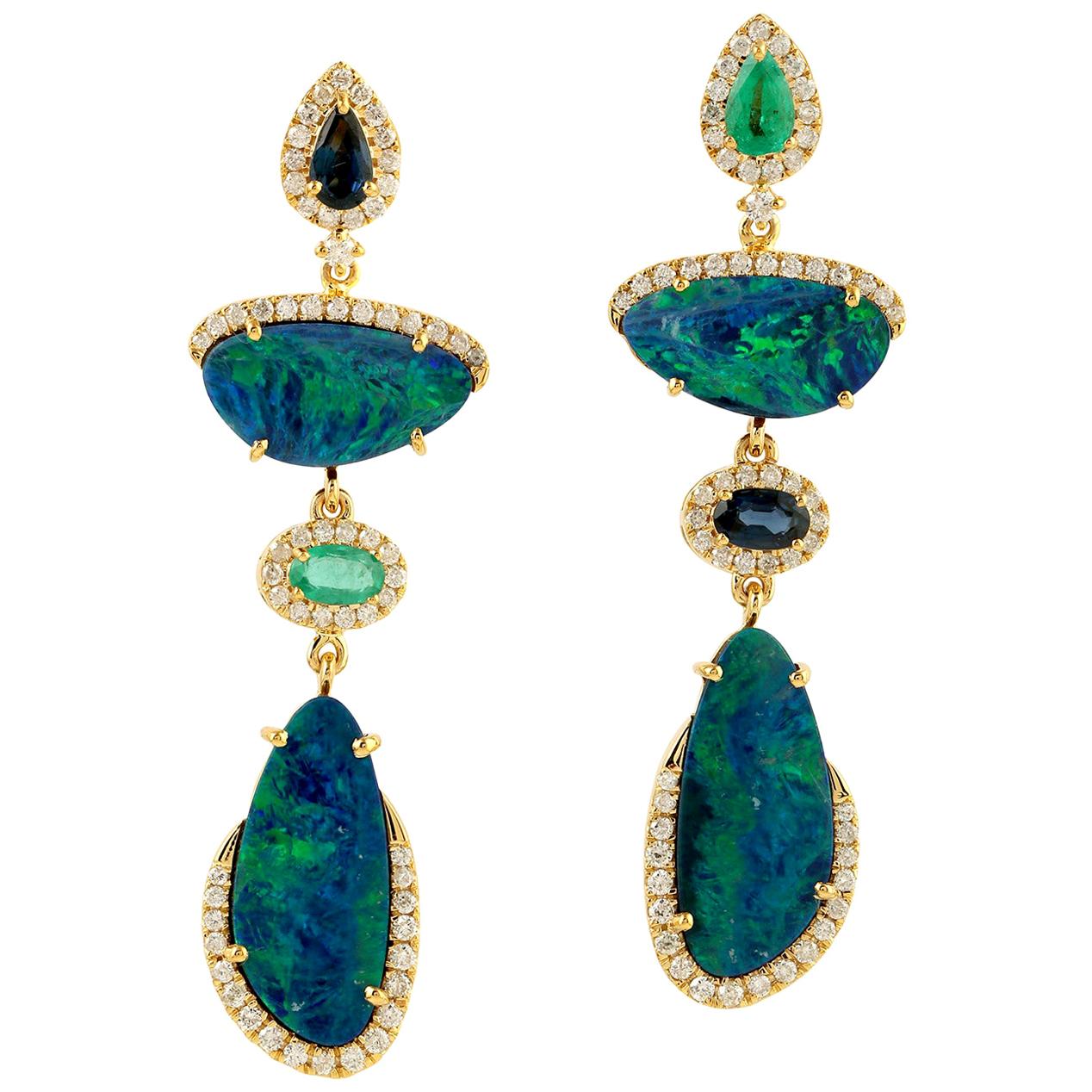 Natural Opal Dangle Earring Diamond with Sapphire and Emerald in 18k Yellow Gold