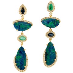 Natural Opal Dangle Earring Diamond with Sapphire and Emerald in 18k Yellow Gold