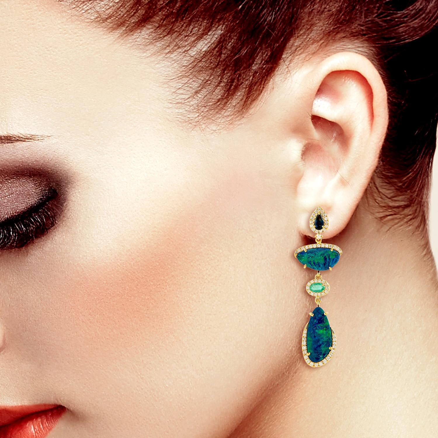 Artisan Natural Opal Dangle Earring Diamond with Sapphire and Emerald in 18k Yellow Gold