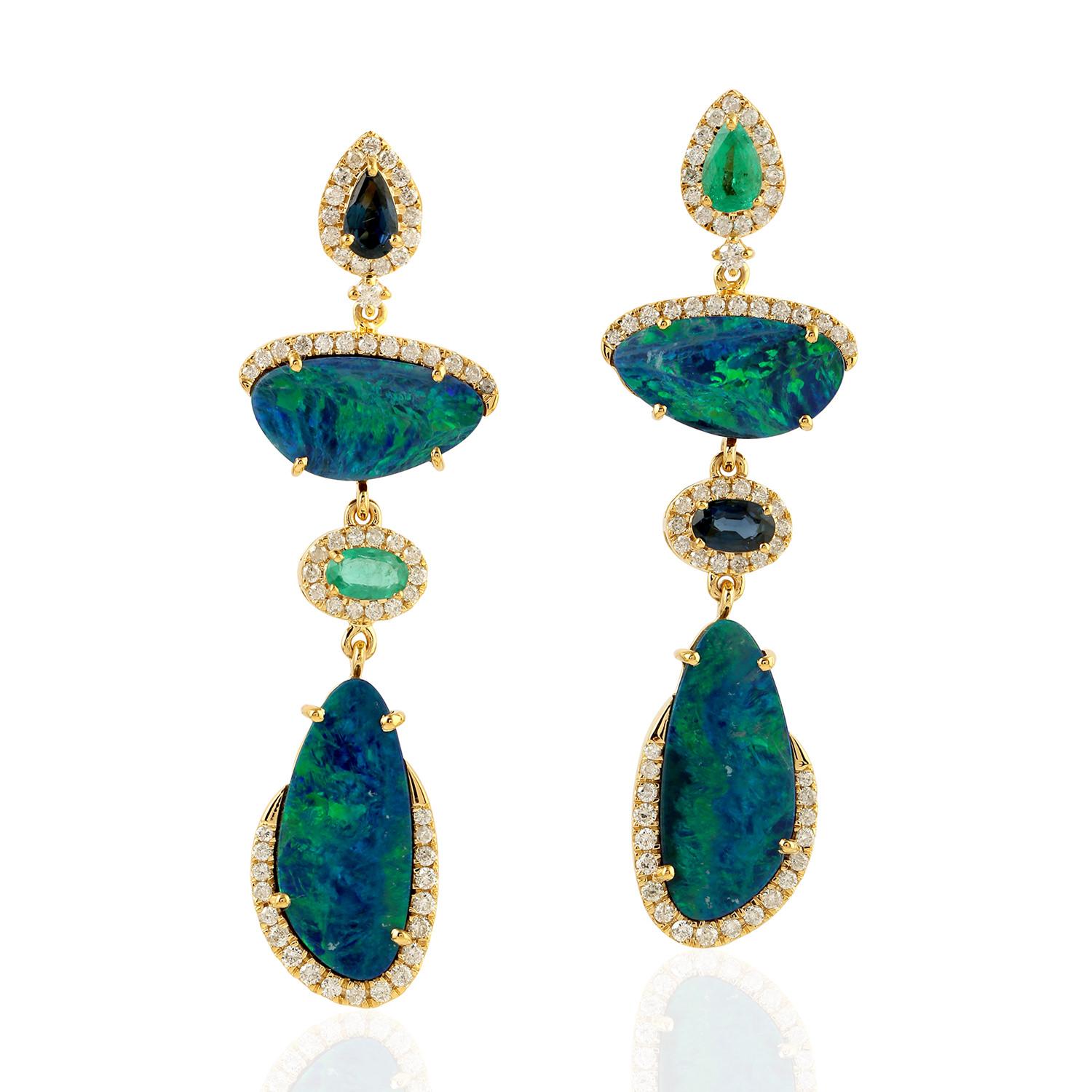 Mixed Cut Natural Opal Dangle Earring Diamond with Sapphire and Emerald in 18k Yellow Gold