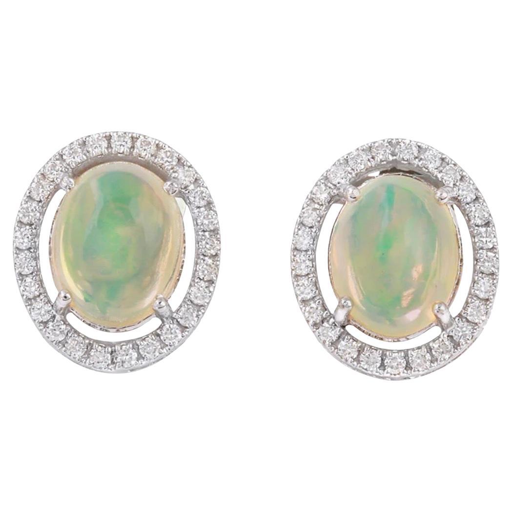 Natural Opal and Diamond Stud Earrings in 18K Gold, India, 0.52ct