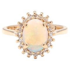 Natural Opal Diamond Halo Cocktail Ring, 14KT Yellow Gold, Ring