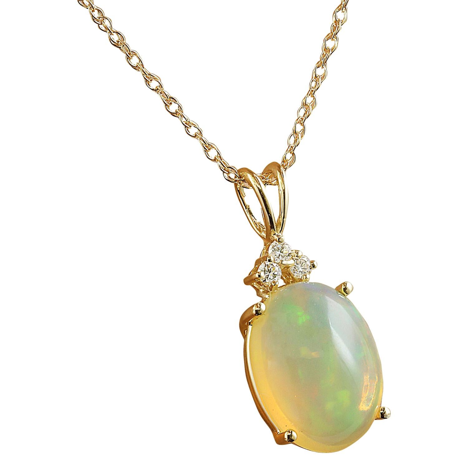 Oval Cut Natural Opal Diamond Necklace in 14 Karat Solid Yellow Gold  For Sale