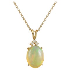 Natural Opal Diamond Necklace in 14 Karat Solid Yellow Gold 