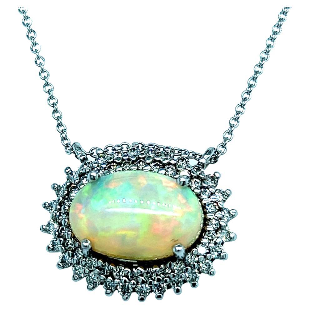 Natural Opal Diamond Pendant Necklace 14k Gold 5.81 TCW Certified For Sale