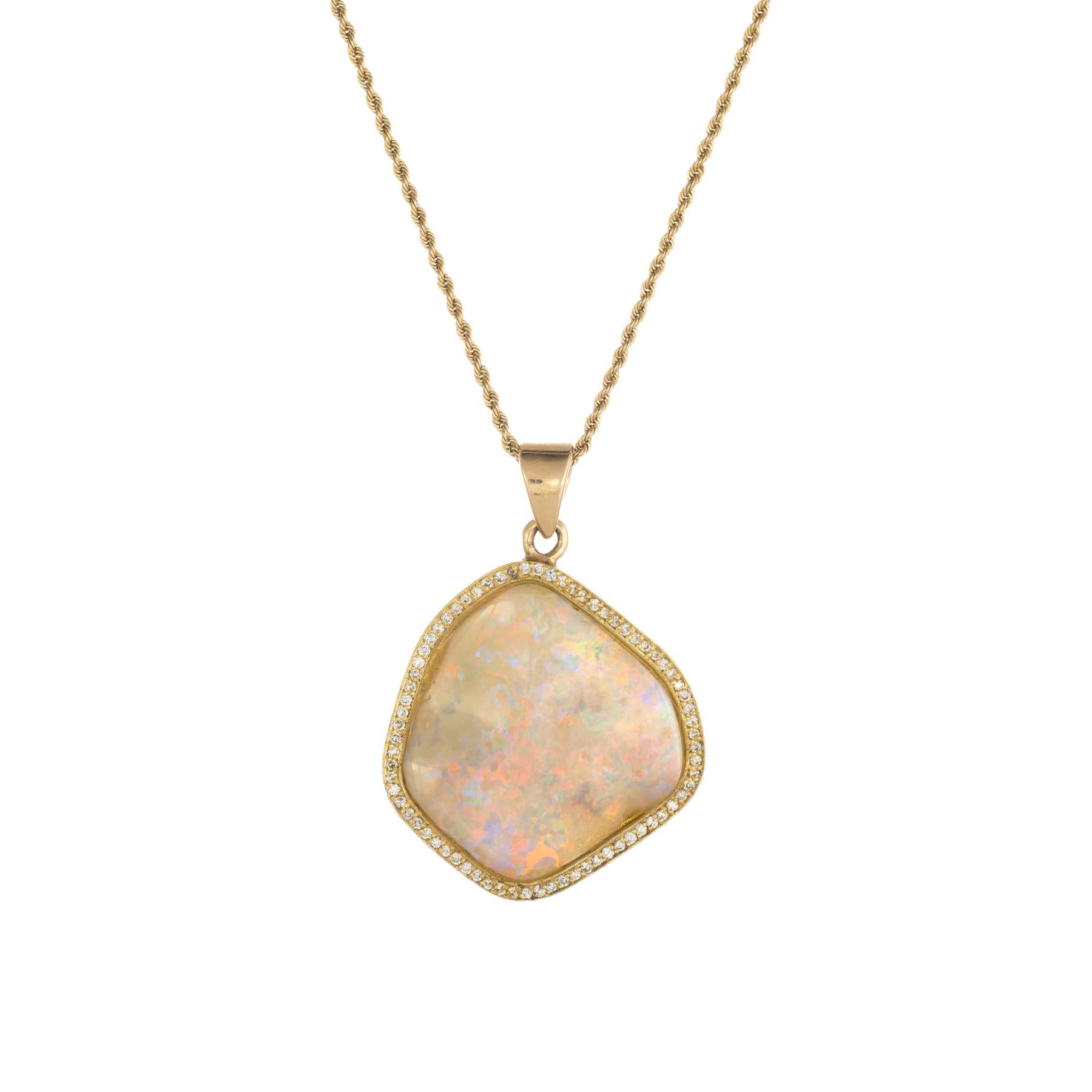 Cabochon Natural Opal Diamond Pendant Necklace Estate 18k Yellow Gold Freeform Jewelry For Sale
