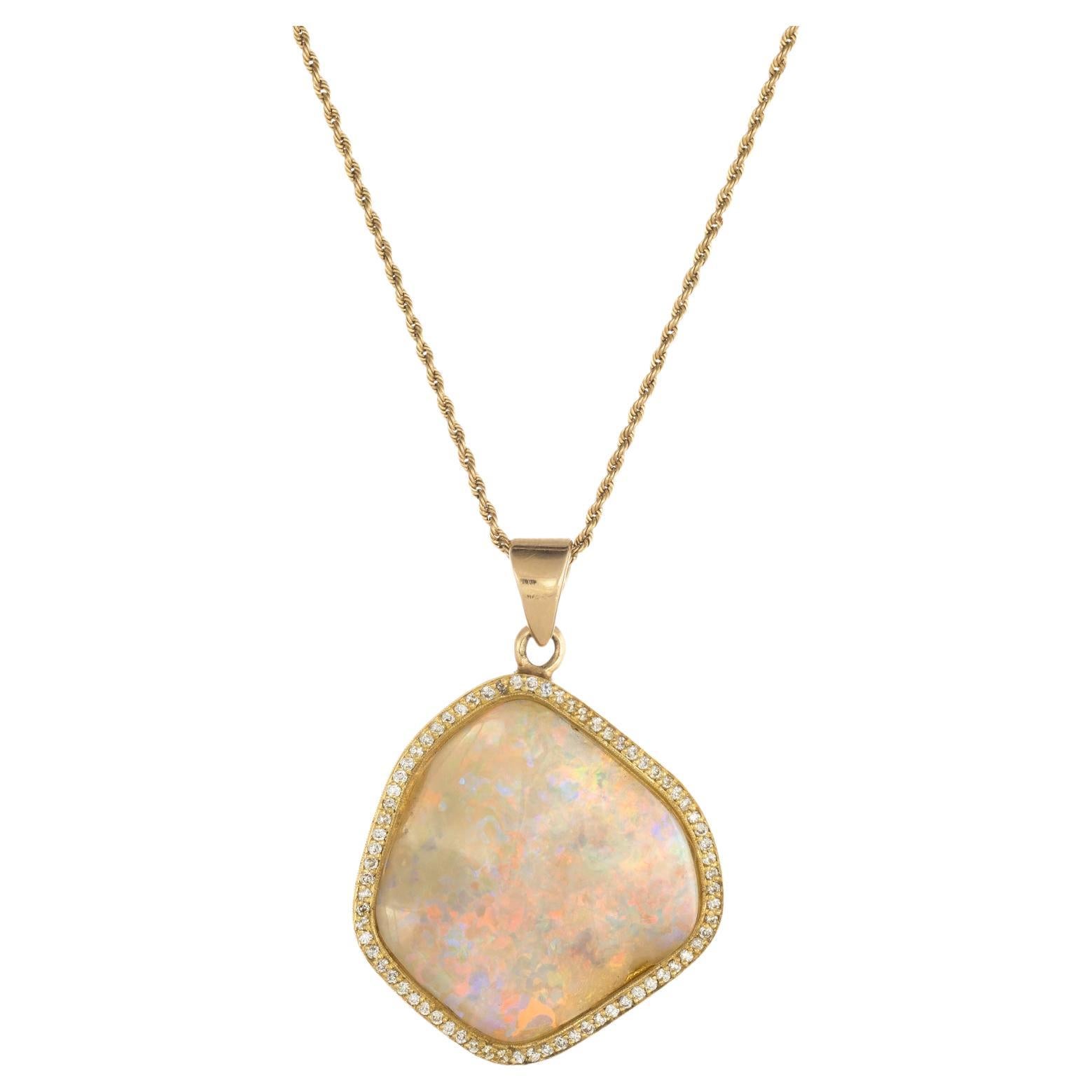 Natural Opal Diamond Pendant Necklace Estate 18k Yellow Gold Freeform Jewelry For Sale