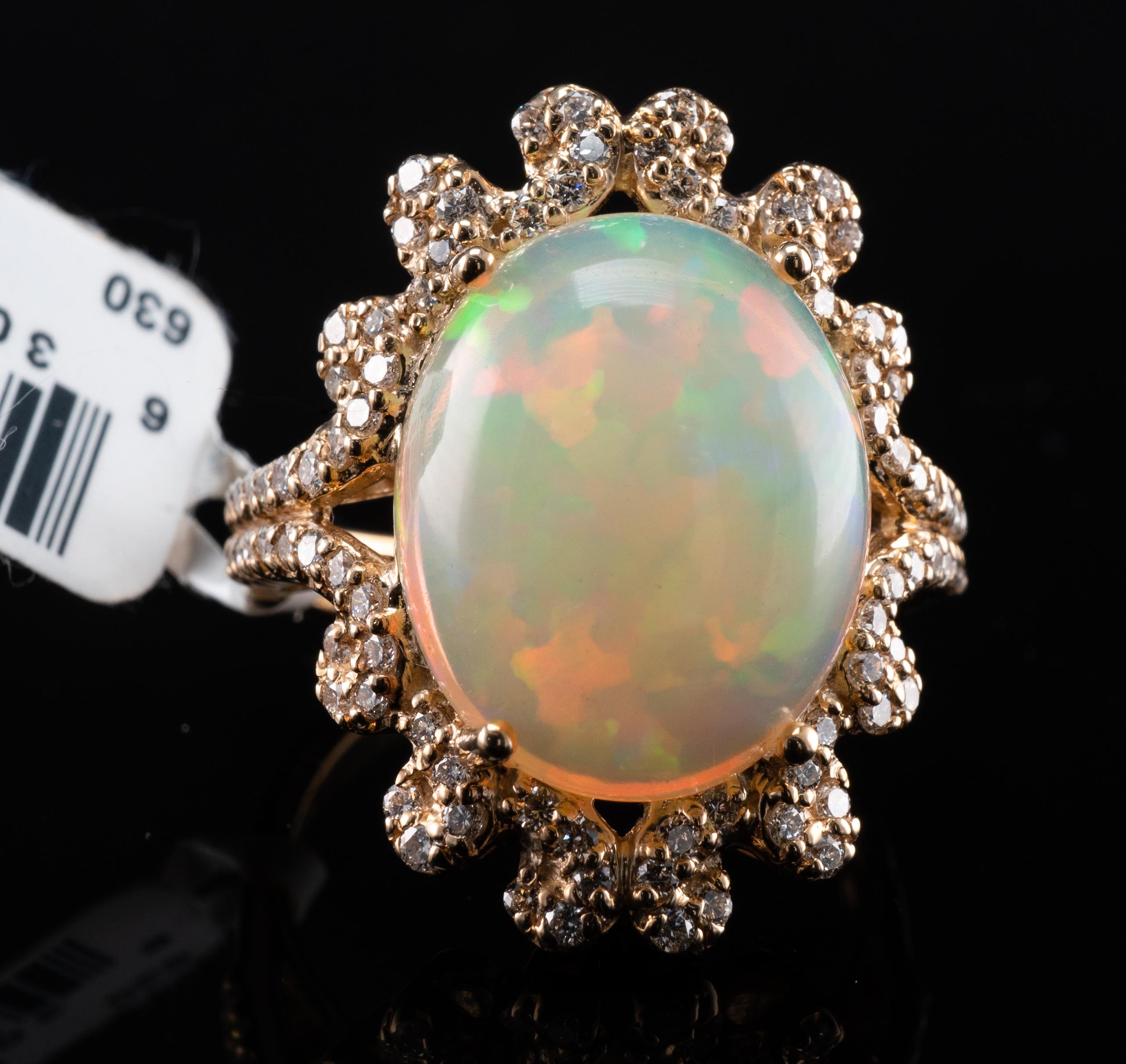 Cabochon Natural Opal Diamond Ring 14K Gold Estate Retail Tag $8400 For Sale