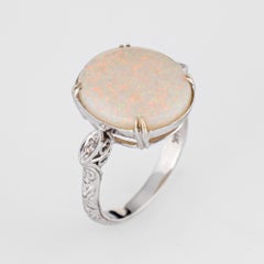 Natural Opal Diamond Ring 14 Karat White Gold Estate Fine Jewelry Oval