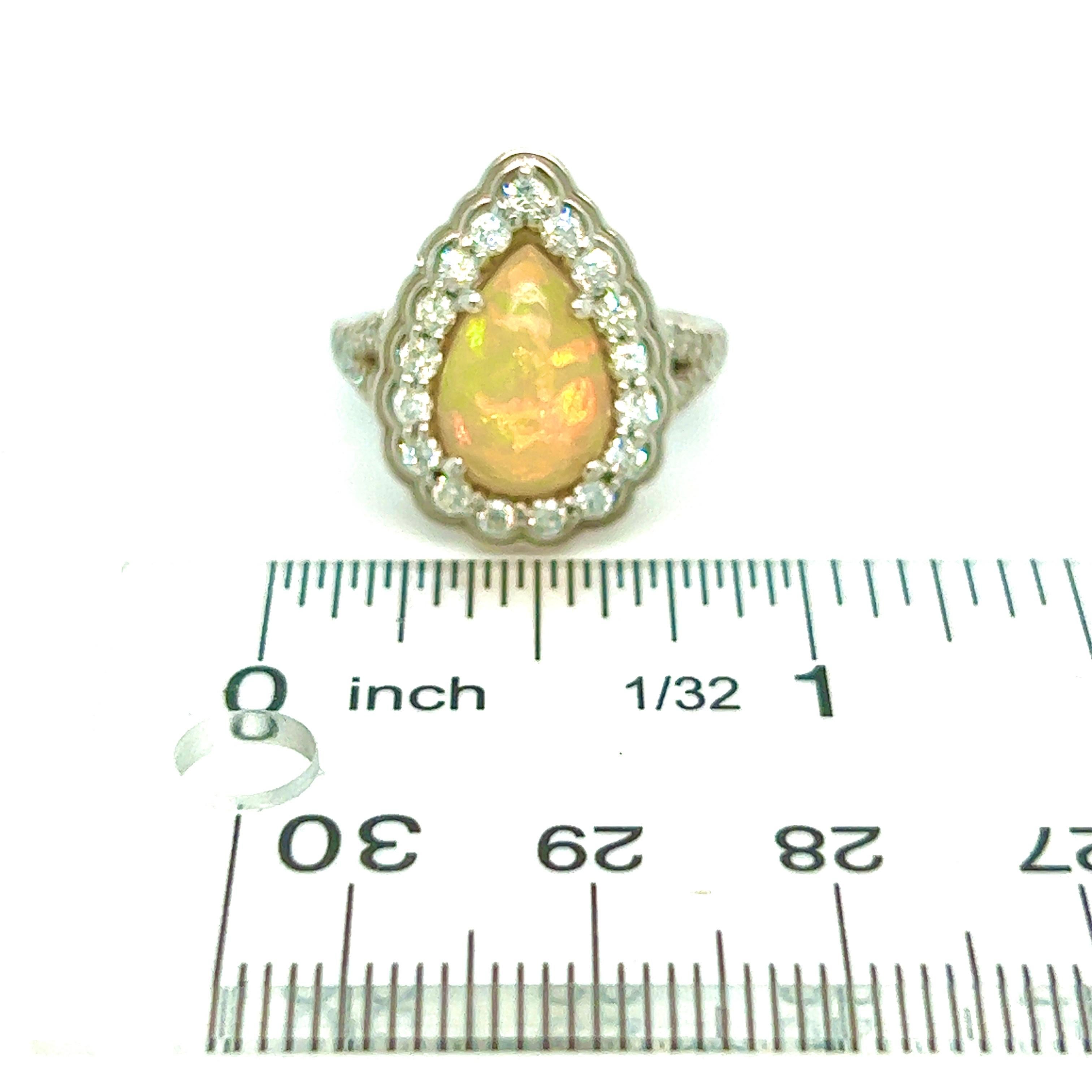 Pear Cut Natural Opal Diamond Ring 6.25 14k W Gold 2.35 TCW Certified For Sale