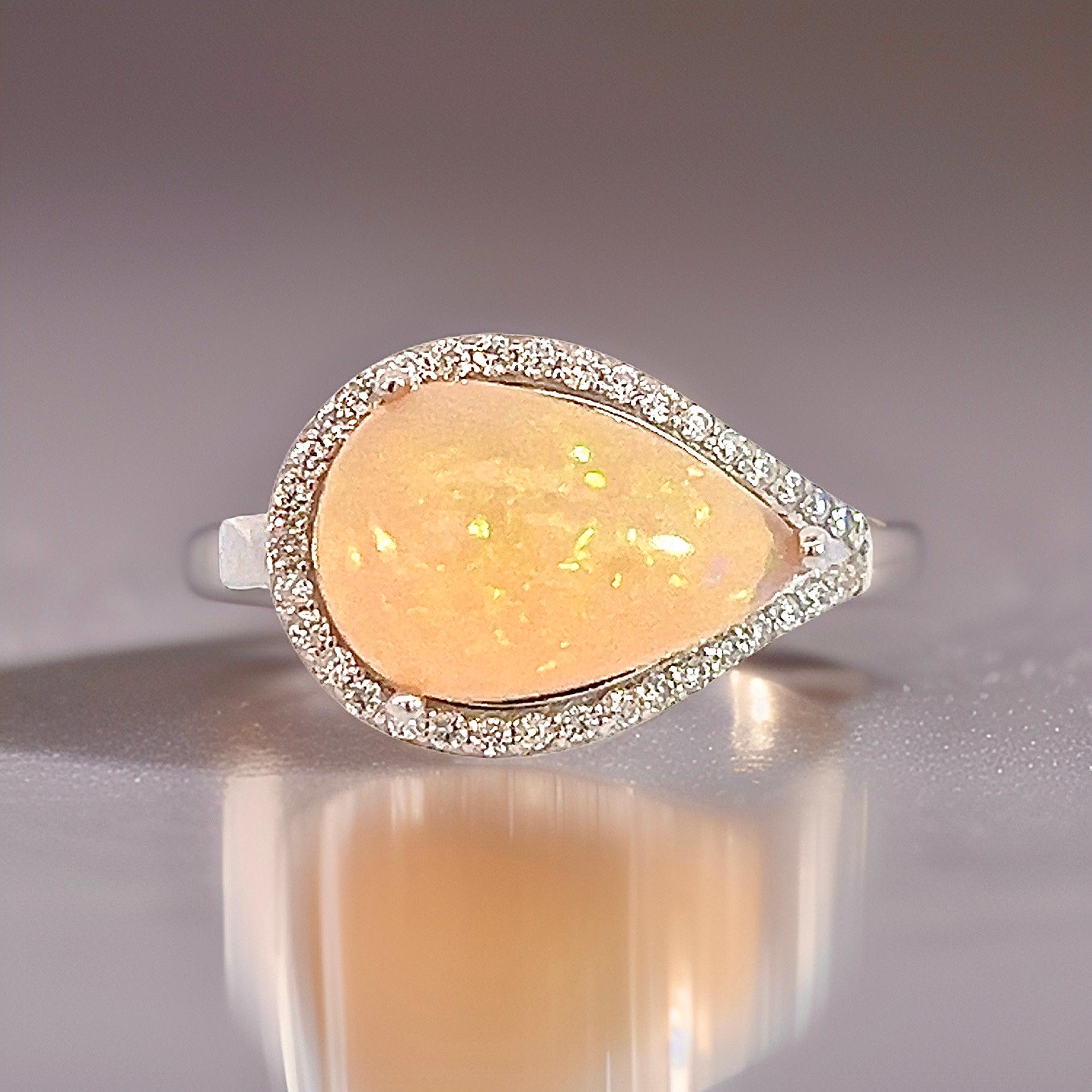 Women's Natural Opal Diamond Ring 6.75 14k W Gold 4 TCW Certified For Sale