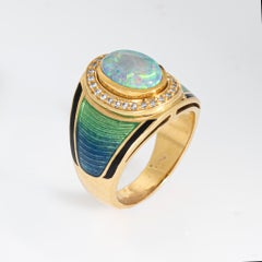 Natürlicher Opal Diamant Ring Emaille Vintage 18k Gelb Gold Breite Zigarre Band Sz 7
