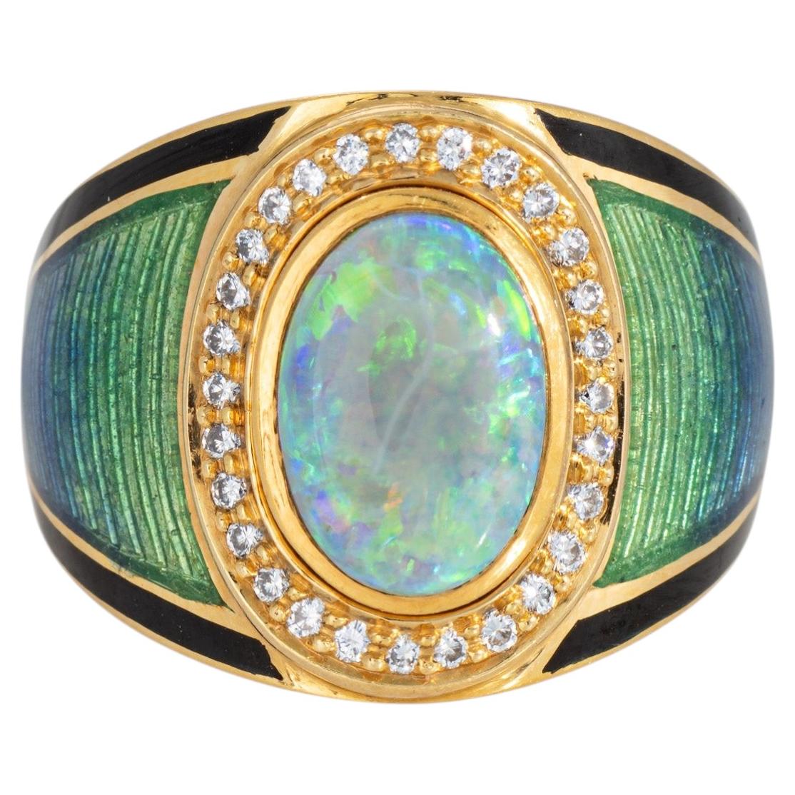 Natural Opal Diamond Ring Enamel Vintage 18k Yellow Gold Wide Cigar Band Sz 7