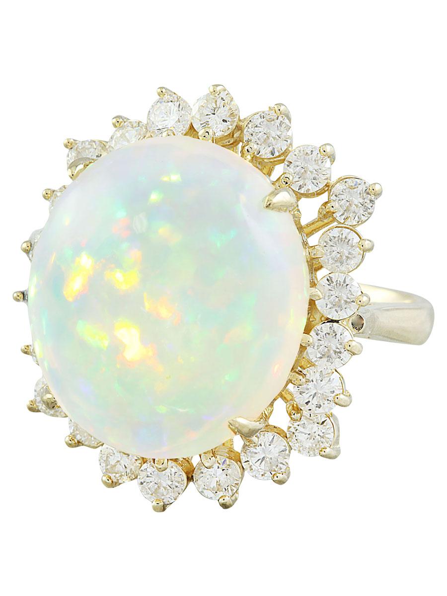 11.90 Carat Natural Opal 14 Karat Solid Yellow Gold Diamond Ring
Stamped: 14K 
Total Ring Weight: 6.3 Grams 
Opal Weight 10.38 Carat (17.00x15.00 Millimeters)
Diamond Weight: 1.52 carat (F-G Color, VS2-SI1 Clarity )
Face Measures: 23.15x19.60