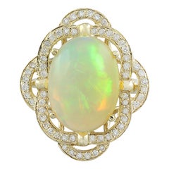 Bague en or jaune massif 14 carats avec opale naturelle et diamants 