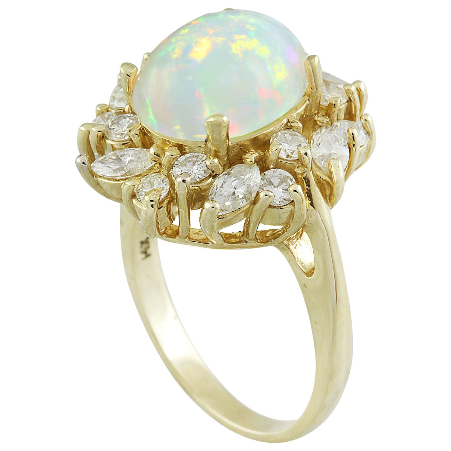 Oval Cut Natural Opal Diamond Ring In 14 Karat Yellow Gold For Sale
