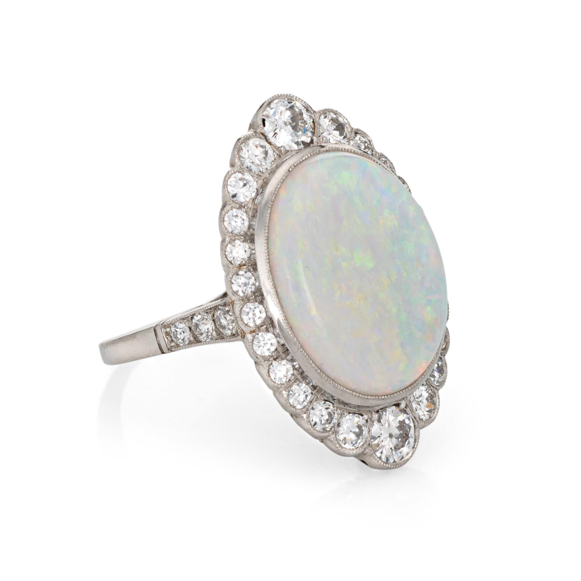 Modern Natural Opal Diamond Ring Platinum Vintage Large Oval Cocktail Estate Jewelry 7 For Sale