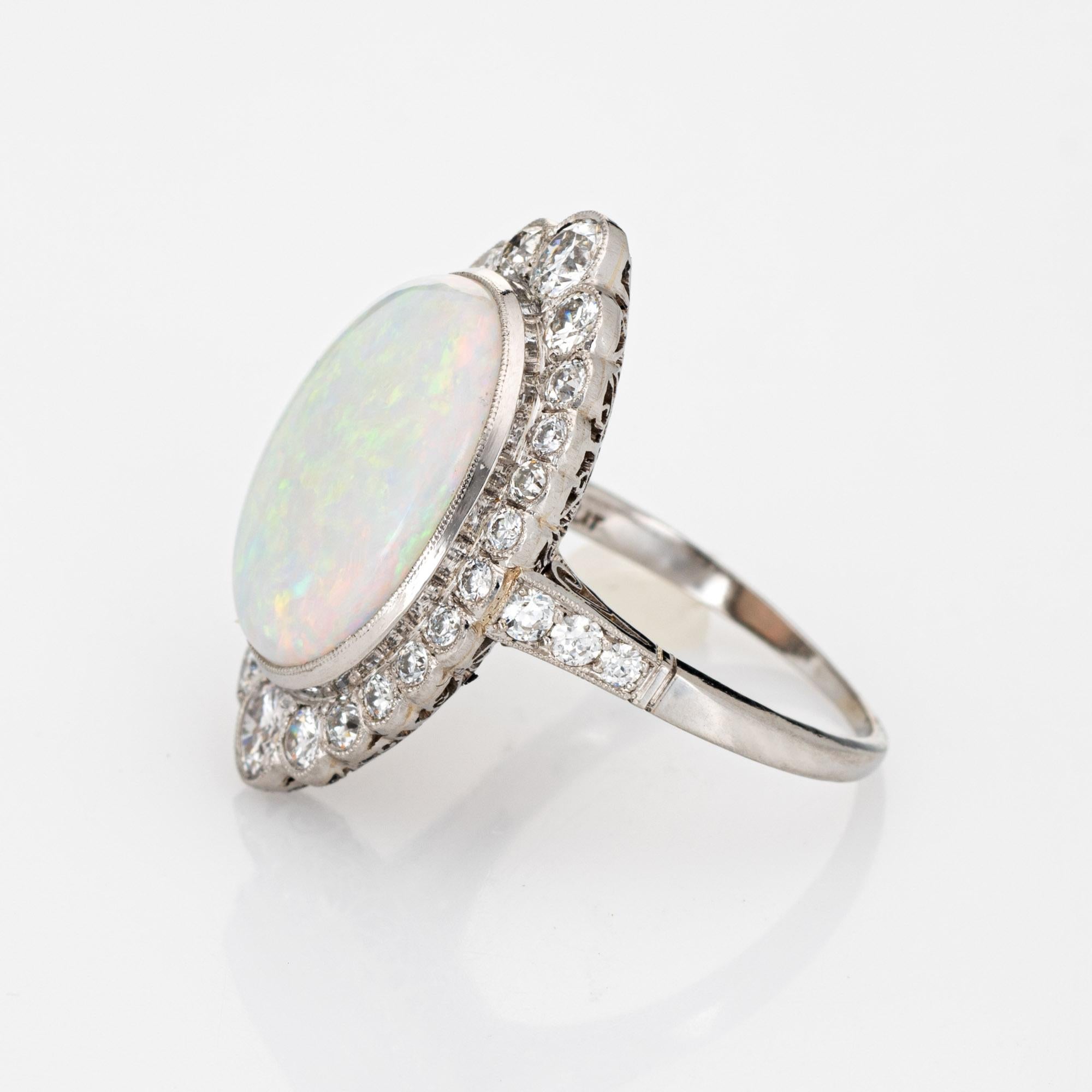 Cabochon Natural Opal Diamond Ring Platinum Vintage Large Oval Cocktail Estate Jewelry 7 For Sale