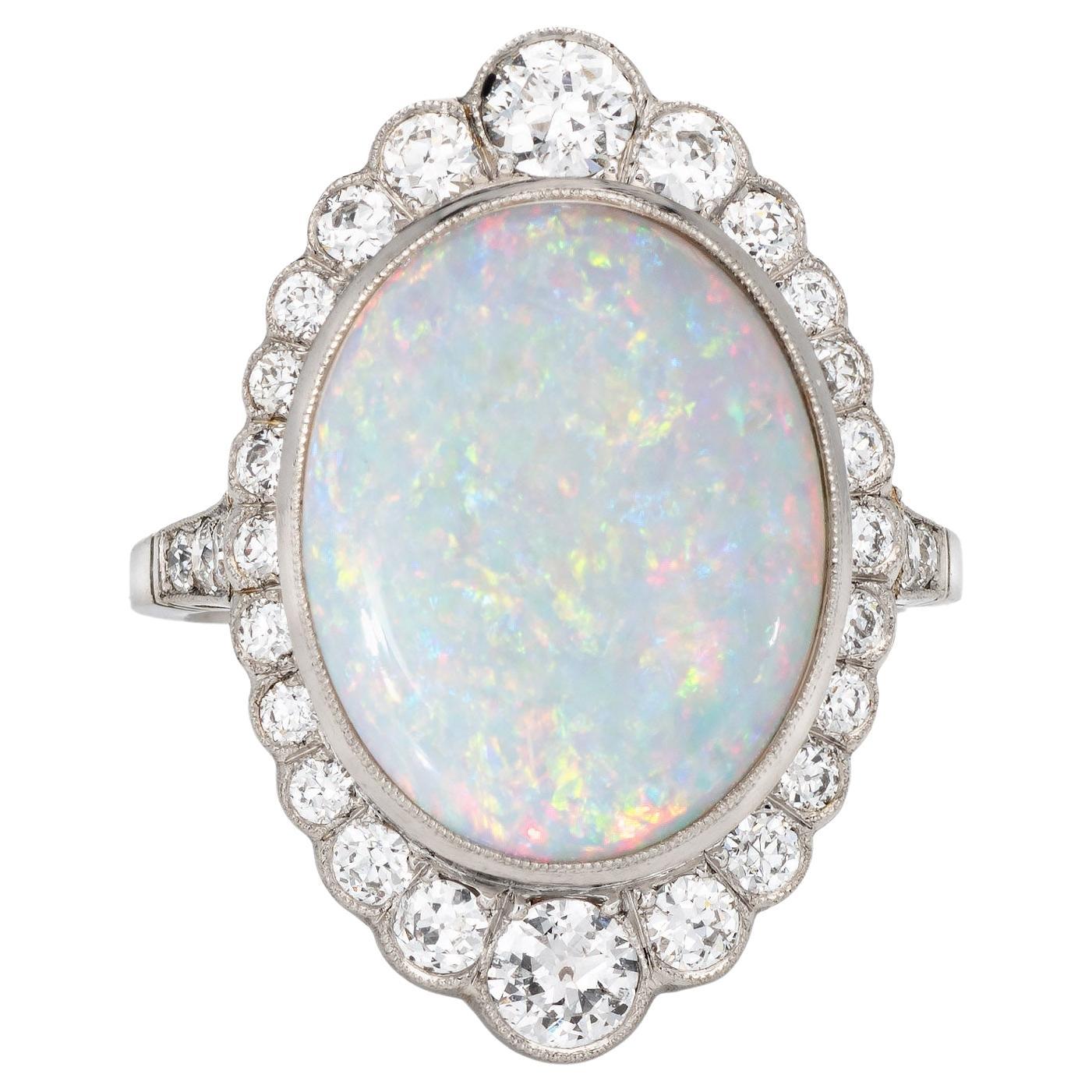 Natural Opal Diamond Ring Platinum Vintage Large Oval Cocktail Estate Jewelry 7 For Sale