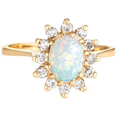 Natural Opal Diamond Ring Vintage 14 Karat Gold Princess Jewelry Fine Estate