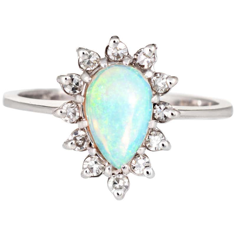 Natural Opal Diamond Ring Vintage 14 Karat White Gold Pear Shaped ...