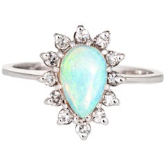 Natural Opal Diamond Ring Vintage 14 Karat White Gold Pear Shaped Jewelry Estate