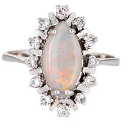 Natural Opal Diamond Ring Vintage 14k White Gold Navette Shaped Jewelry Estate