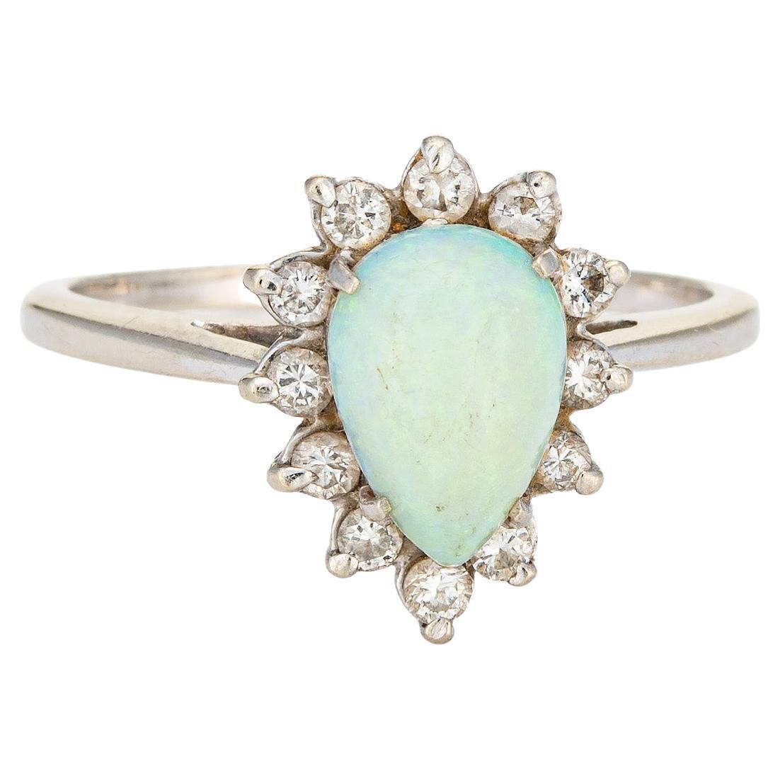 Bague cocktail vintage en or blanc 14 carats avec opale naturelle et diamants, taille 10,5