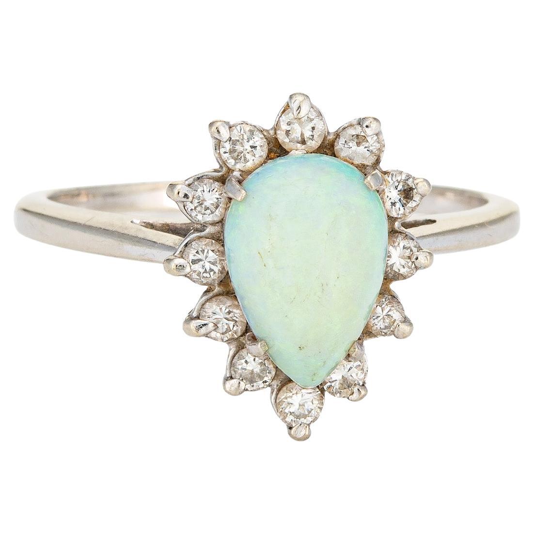 Natural Opal Diamond Ring Vintage 14k White Gold Pear Cocktail Jewelry Sz 10.5 For Sale