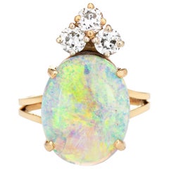 Natural Opal Diamond Ring Vintage 14k Yellow Gold Oval Crown Jewelry