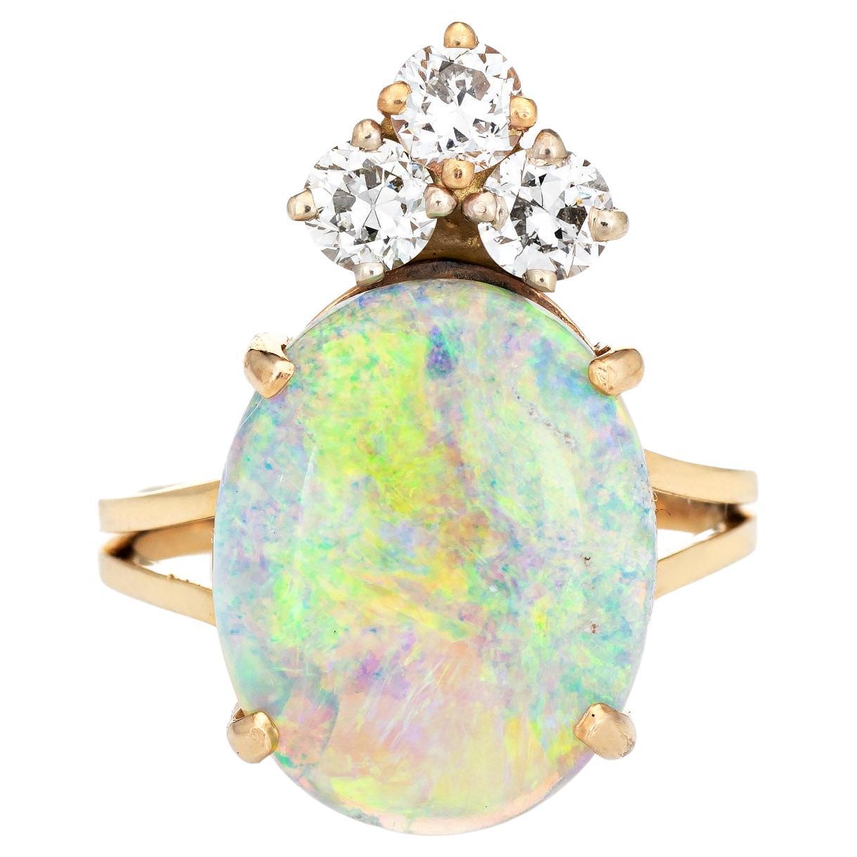 Natural Opal Diamond Ring Vintage 14k Yellow Gold Oval Crown Jewelry For Sale