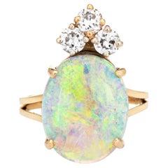 Nature Opal Diamond Ring Vintage 14k Yellow Gold Oval Crown Jewelry