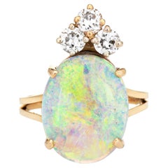 Anillo Diamante Ópalo Natural Oro Amarillo 14k Vintage Corona Oval Joyería