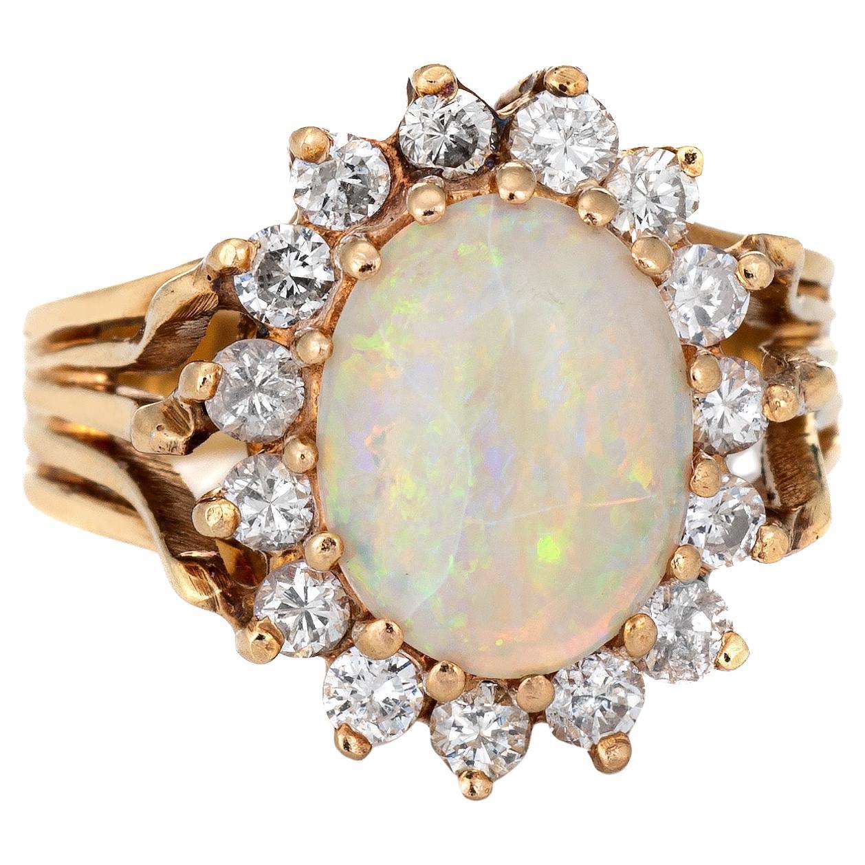 Bague princesse rose vintage en or jaune 14 carats avec opale naturelle et diamants ovales