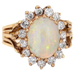Natural Opal Diamond Ring Retro 14k Yellow Gold Oval Princess Jewelry Pinky