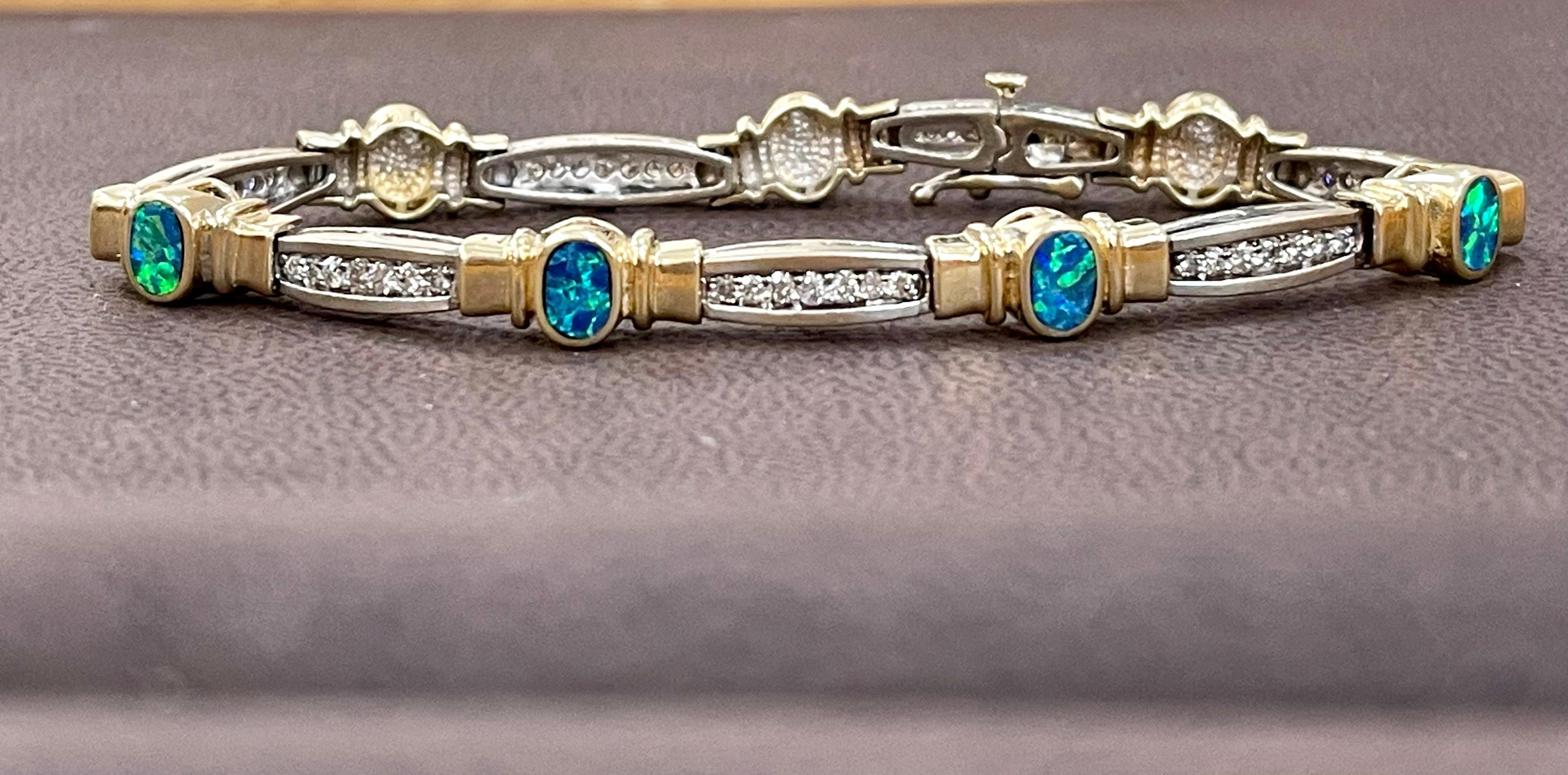 Natural Opal & Diamond Tennis Bracelet 14 Karat Two Tone Gold For Sale 4