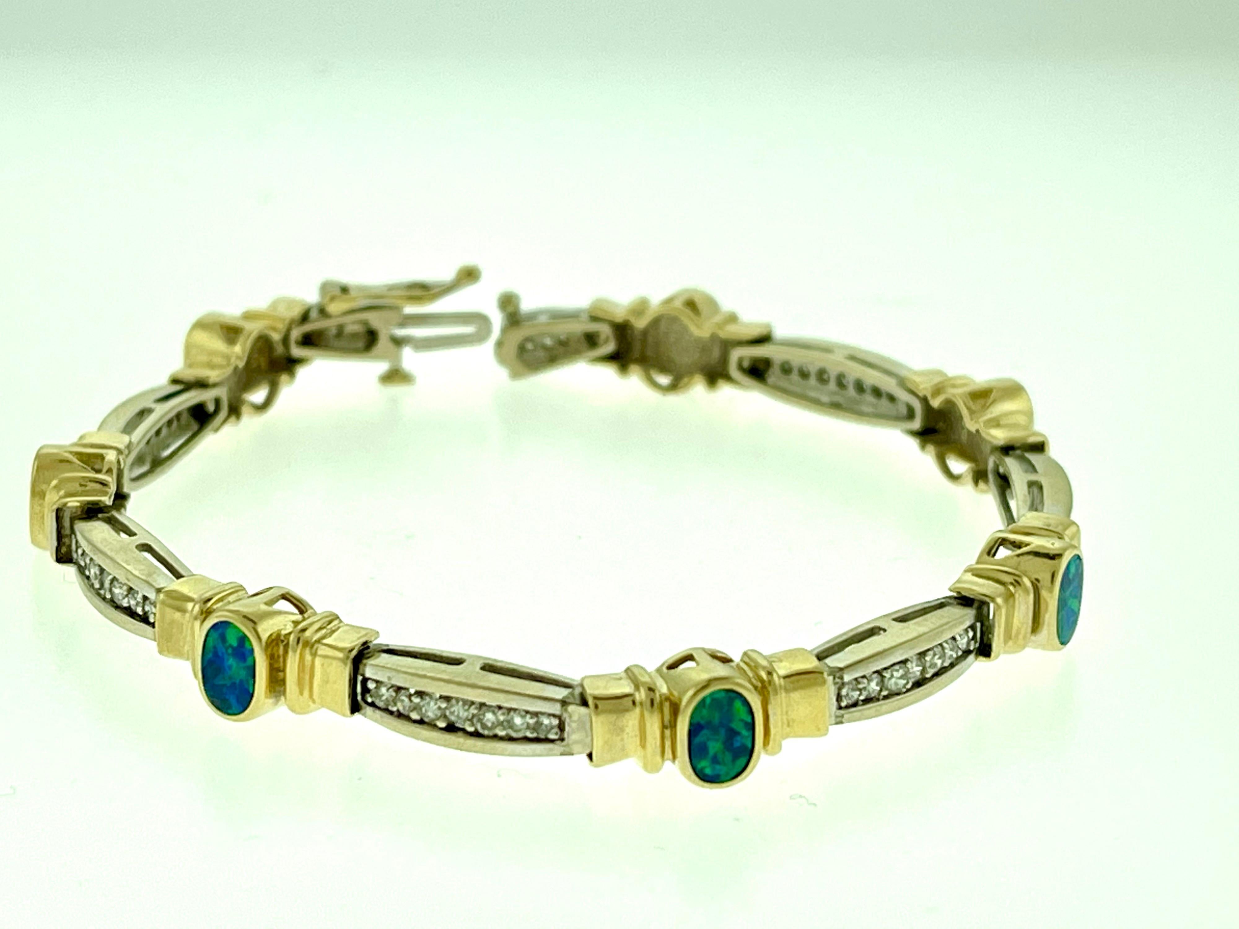 This exceptionally affordable Tennis  bracelet has  Multiple stones of  Opal in Oval shape . 
It has yellow and White gold both .
Diamond part is white gold and opal part is yellow gold . Please look at the pictures,
There are 7 oval  Opal stones 
