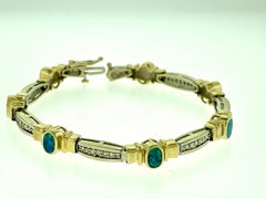 Natural Opal & Diamond Tennis Bracelet 14 Karat Two Tone Gold