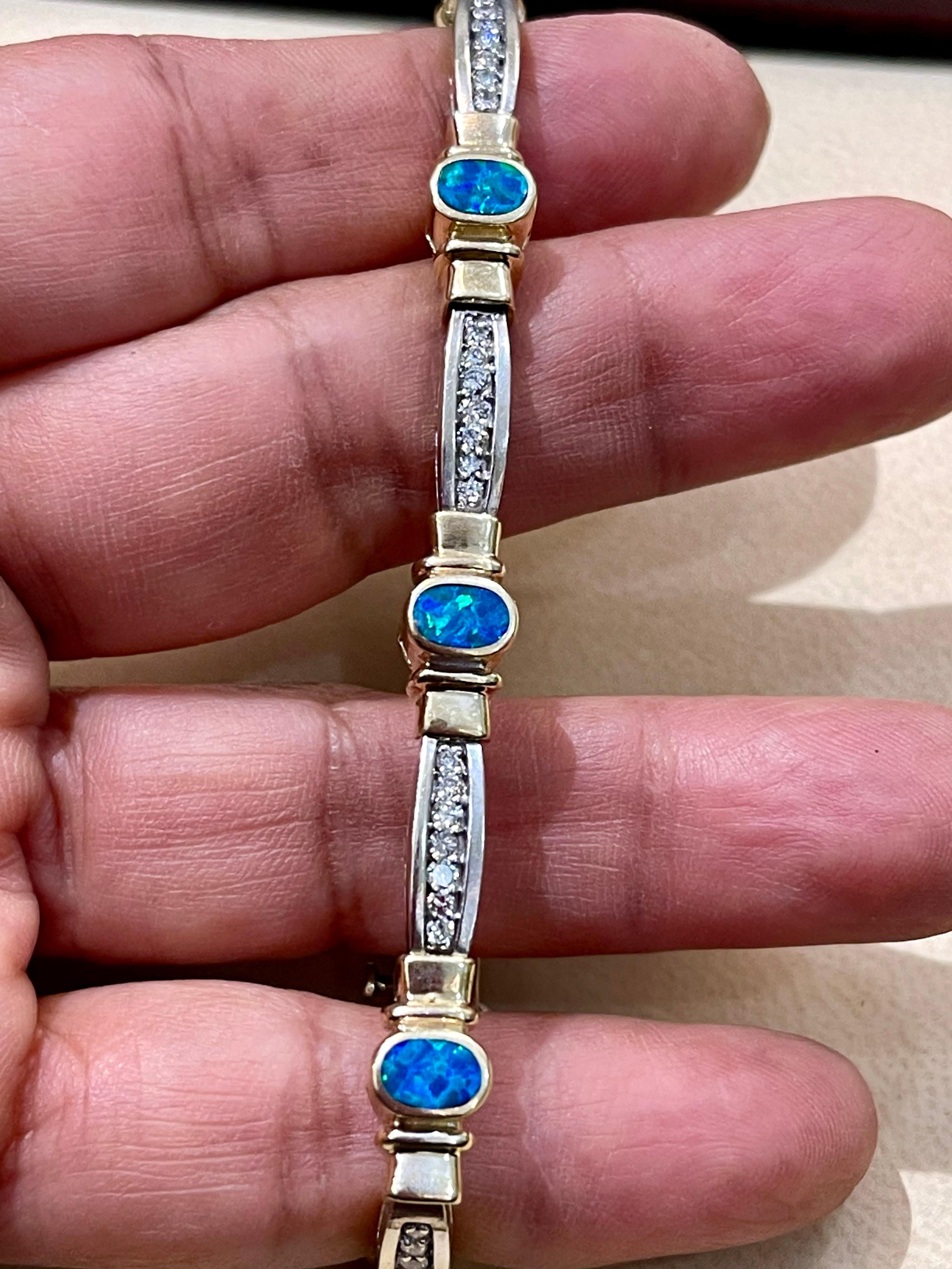 Natürliches Opal- und Diamant-Tennisarmband 14 Karat zweifarbiges Gold Damen im Angebot