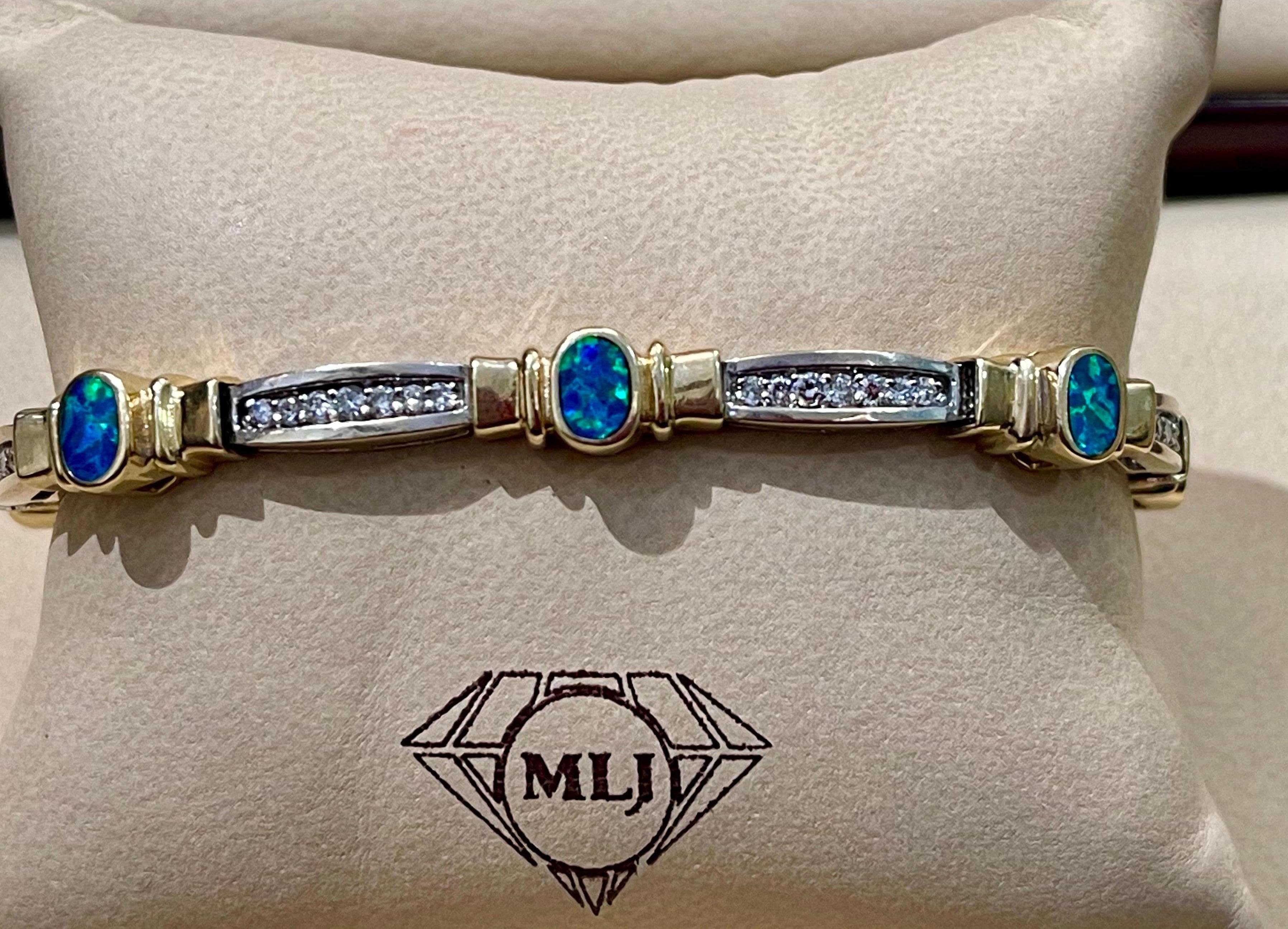 Natural Opal & Diamond Tennis Bracelet 14 Karat Two Tone Gold In Excellent Condition For Sale In New York, NY