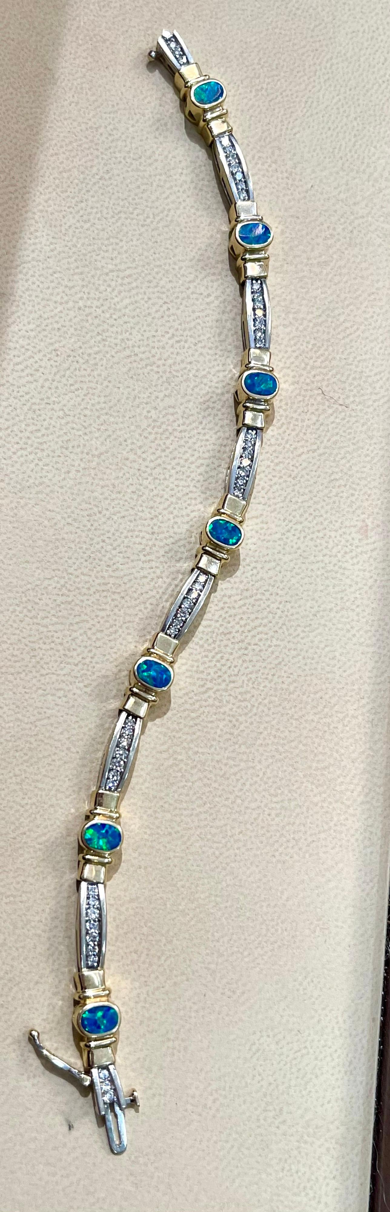 Natural Opal & Diamond Tennis Bracelet 14 Karat Two Tone Gold For Sale 1