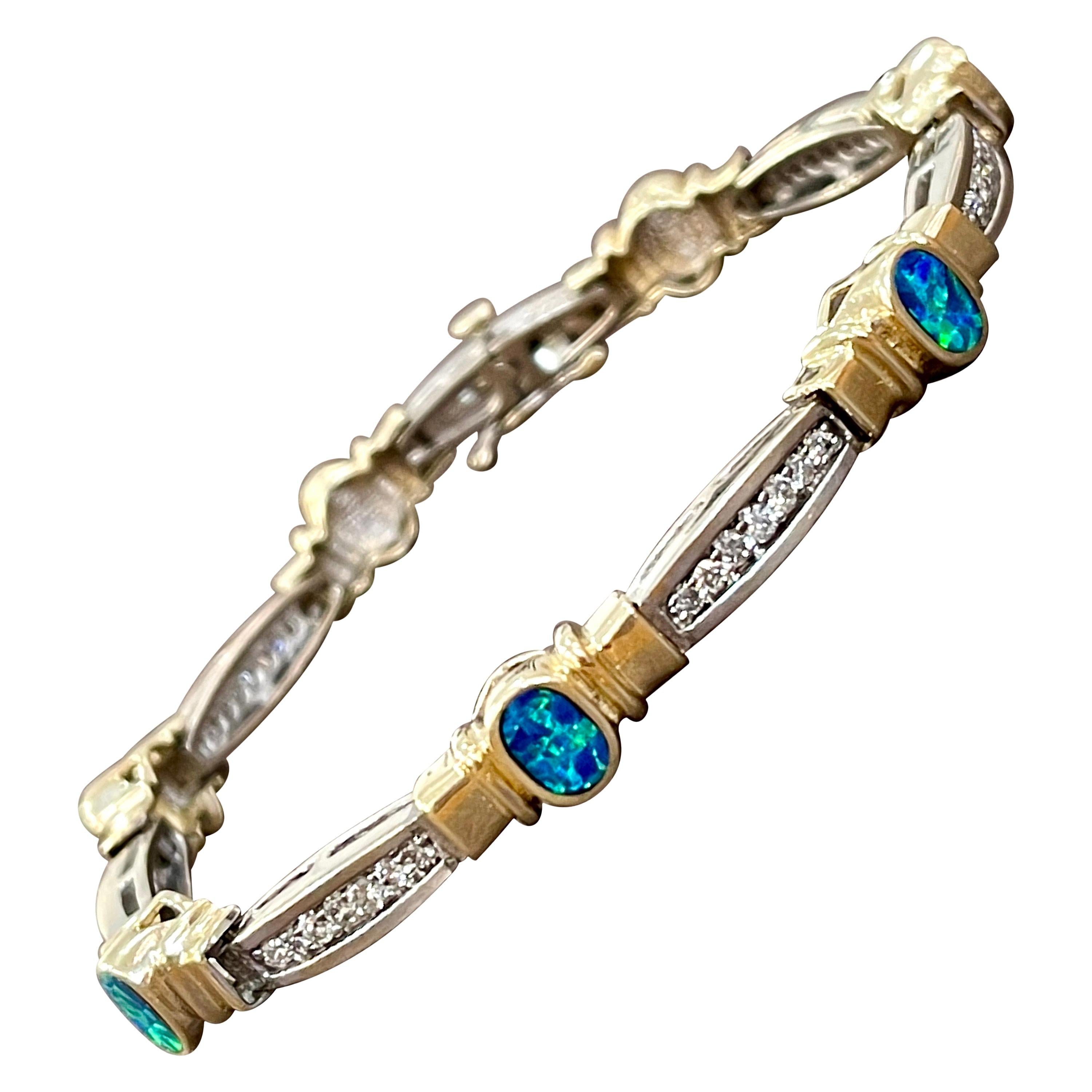 Natural Opal & Diamond Tennis Bracelet 14 Karat Two Tone Gold For Sale