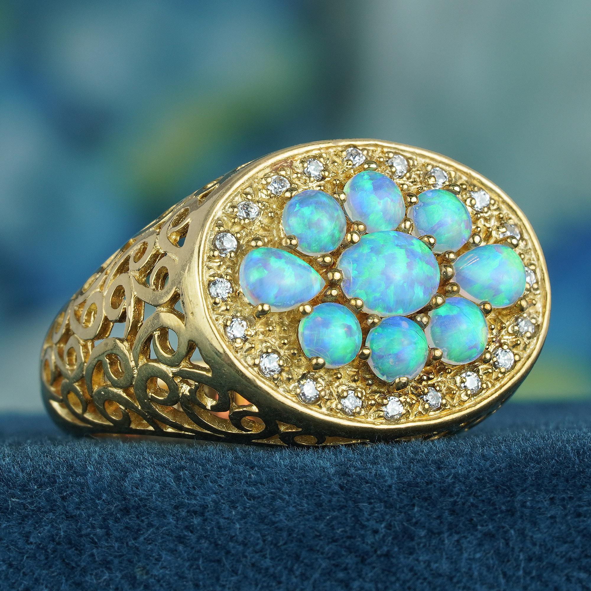 Edwardian Natural Opal Diamond Vintage Style Cluster Carved Ring in Solid 9K Yellow Gold For Sale