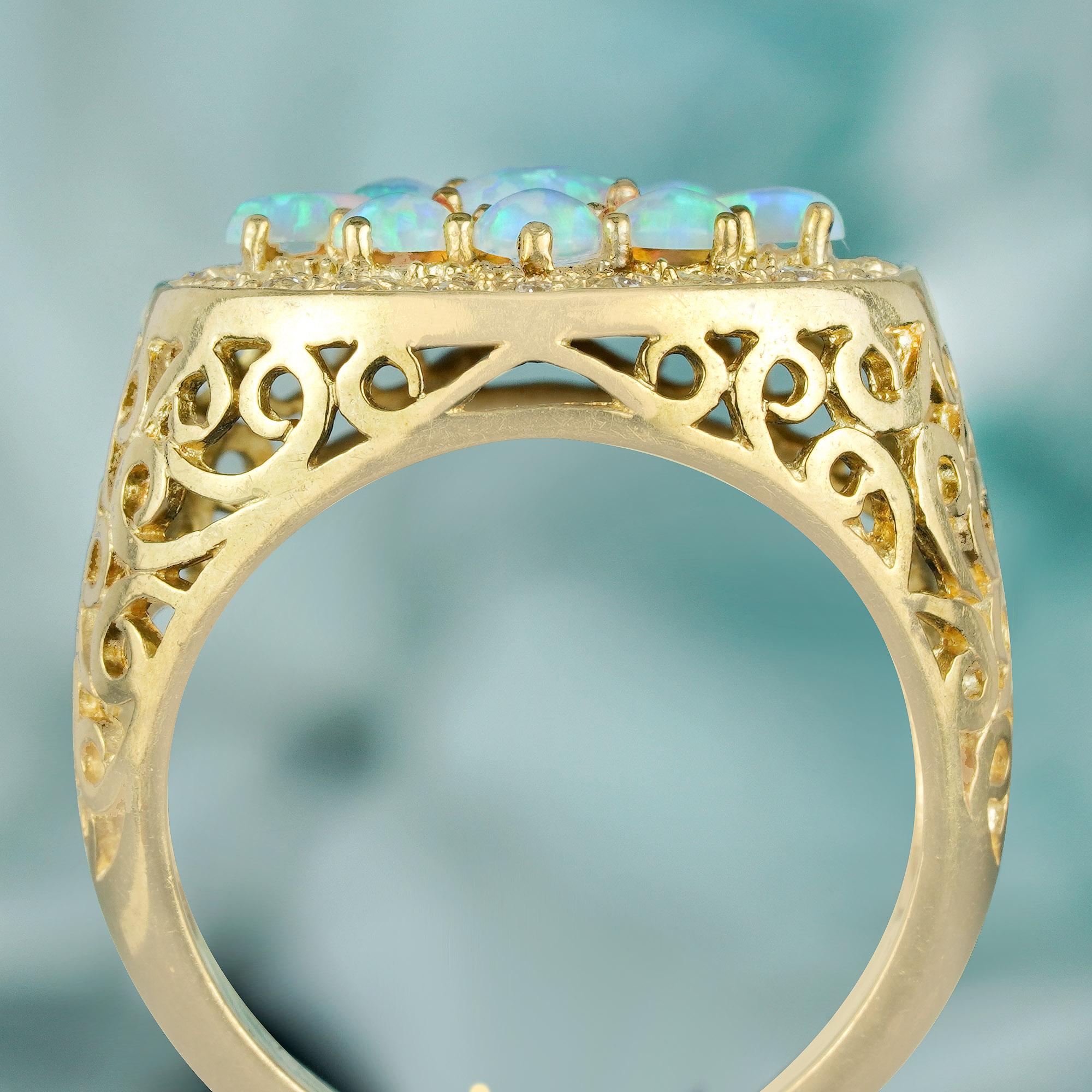 Natural Opal Diamond Vintage Style Cluster Carved Ring in Solid 9K Yellow Gold In New Condition For Sale In Bangkok, TH