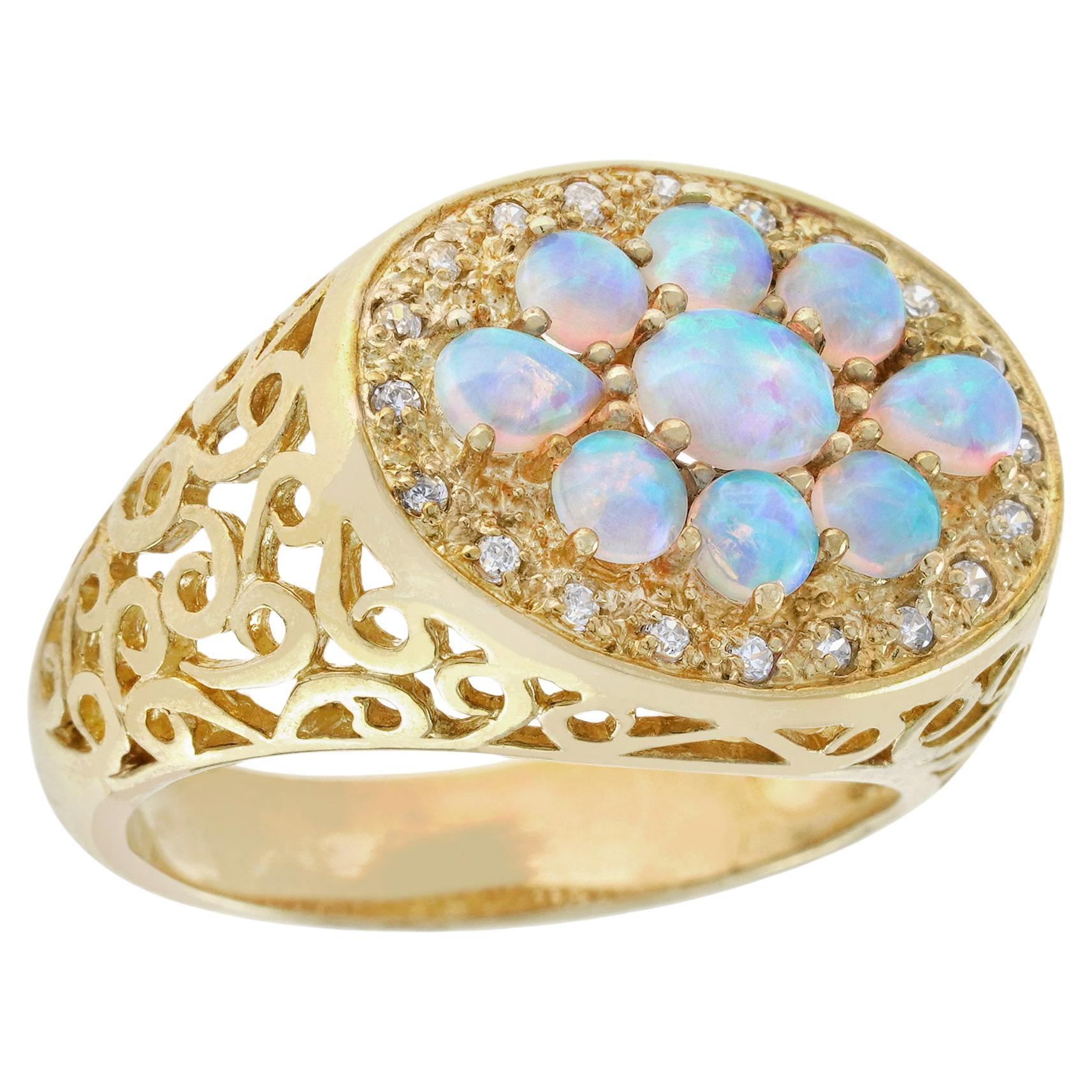 Natural Opal Diamond Vintage Style Cluster Carved Ring in Solid 9K Yellow Gold For Sale